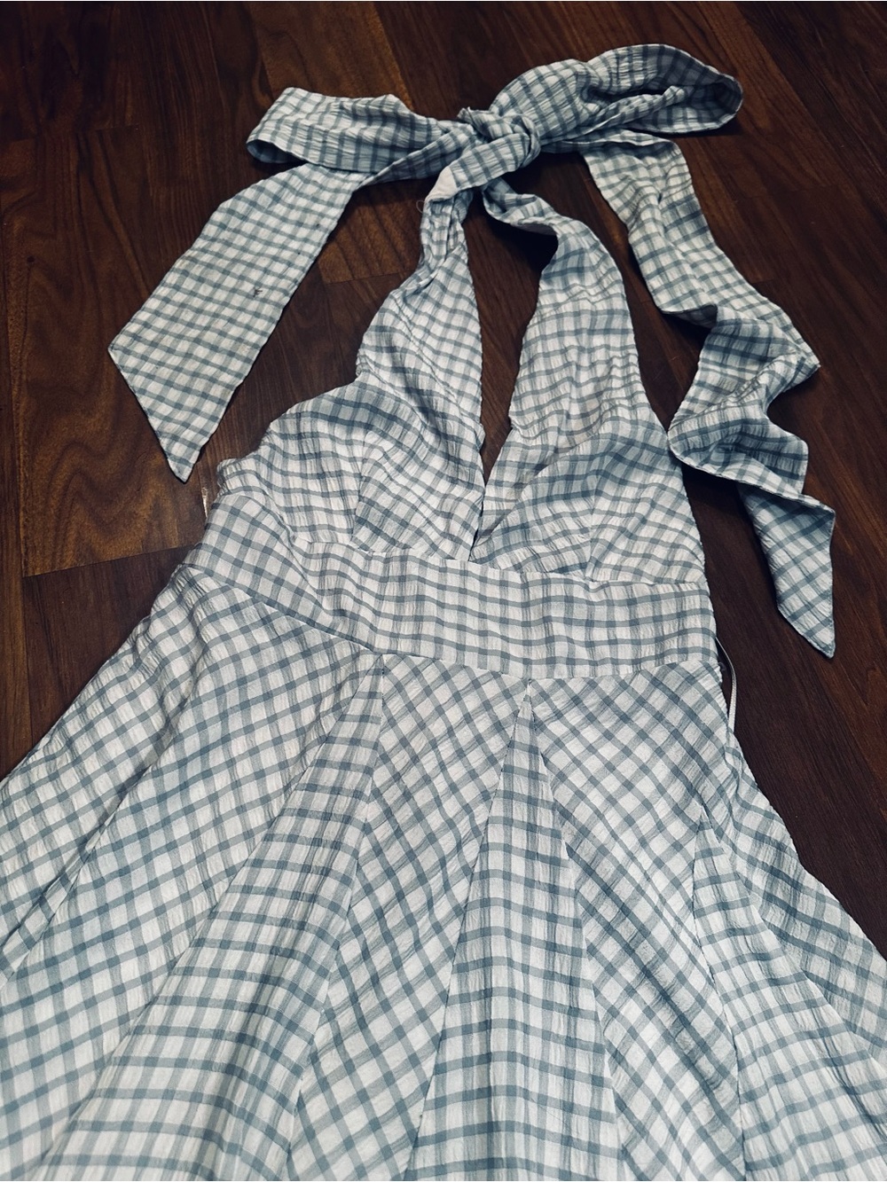 Light Blue Gingham Halter Sundress - Picture 2 of 4
